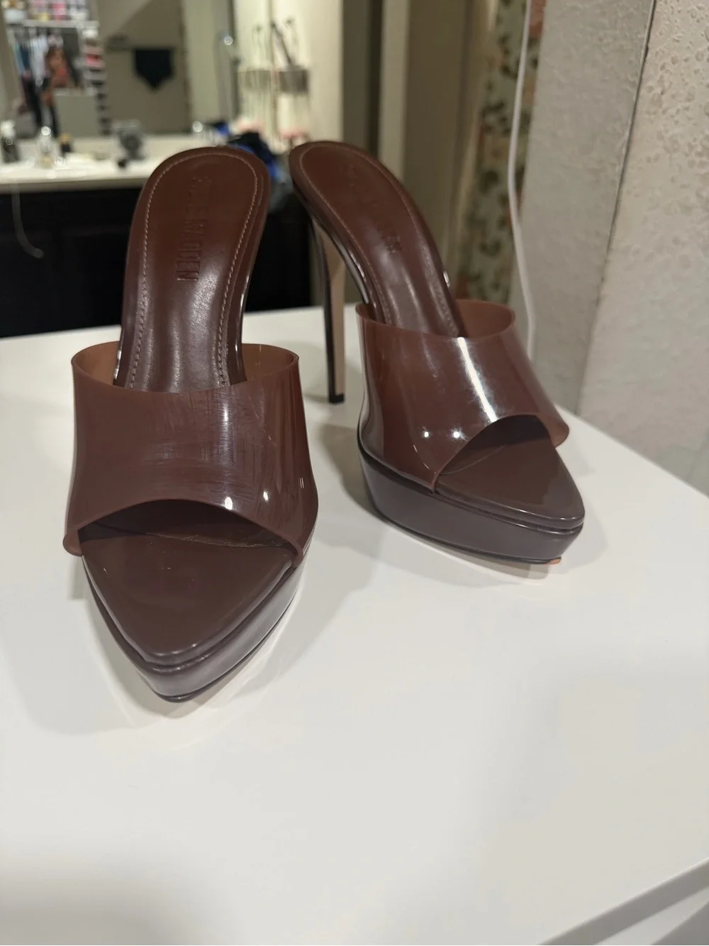 Steve Madden Brown Patent Slide Mules